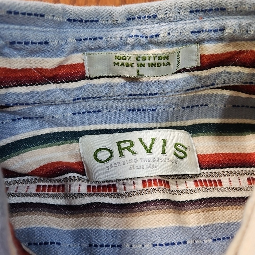 Vintage Orvis Button Up Shirt Mens Size Large Striped Blue Red Short Sleeve - Picture 5 of 7